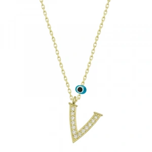 925 Ayar Gümüş Nazar Gold V Harfi Kadın Gümüş Kolye