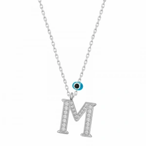 925 Ayar Gümüş Nazar Rodyum M Harfi Kadın Gümüş Kolye