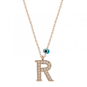925 Ayar Gümüş Nazar Rose R Harfi Kadın Gümüş Kolye