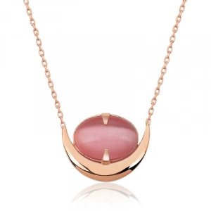 925 Ayar Gümüş Pembe Kedi Gözü Taşlı Hilal Kolye