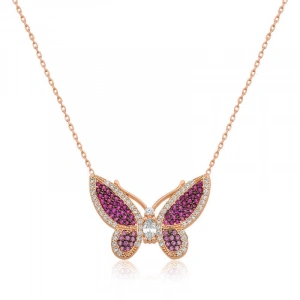 925 Ayar Gümüş Pembe Kelebek Kadın Gümüş Kolye