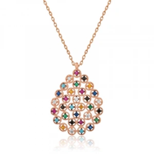 925 Ayar Gümüş Renkli Taşlı Damla Kadın Gümüş Kolye