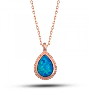 925 Ayar Gümüş Rose Damla Mavi Opal Taşlı Kadın Kolye