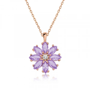 925 Ayar Gümüş Rose Lila Çiçek Kadın Gümüş Kolye