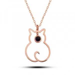 925 Ayar Gümüş Şubat Ayı Doğum Taşı Kedi Kadın Kolye