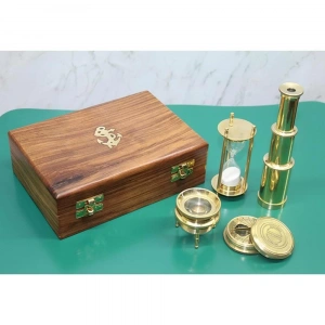 Ahşap Kutulu Dürbün Kumsaati Büyüteç Pusula Seti