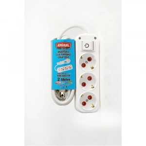 Amiral 3 lü Topraklı Anahtarlı 2 Metre Kablolu Grup Priz