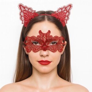 Ateş Kırmızısı Dantel Taç ve Maske Seti 10 No