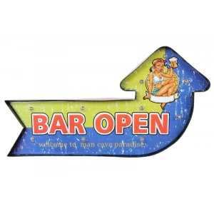 Bar Open Temalı Ledli Bar Tabelası Pano Vintage Led Ampülü