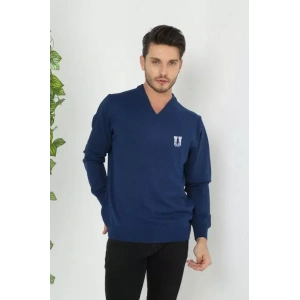 MDB Baskılı V Yaka Uzun Kol Dokuma Triko  Indigo