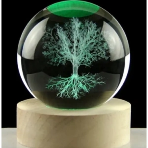 Dekoratif AĞAÇ Tasarımlı Ahşap altlıklı Işıklı Cam Küre 6cm