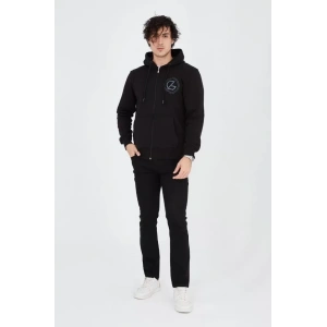 MDB Erkek Kapüşonlu Baskılı Fermuarlı Hırka  iyah