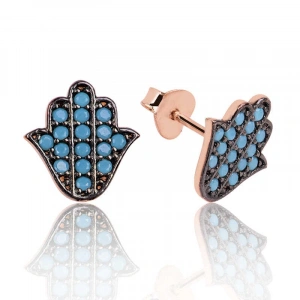 Gümüş Firuze Taşlı Fatma Ana Eli Çivili Küpe