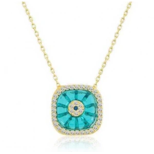 Gümüş Gold Kare Camgöz Nazar Bayan Kolye