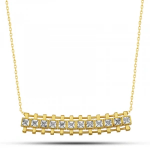 Gümüş Gold Zirkon Taşlı Kare Bar Kadın Kolye