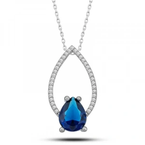 Gümüş Mavi Taşlı Damla Kadın Kolye