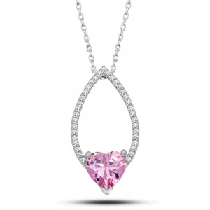 Gümüş Pembe Taşlı Kalp Kadın Kolye