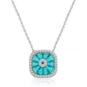 Gümüş Rodyum Kare Camgöz Nazar Bayan Kolye