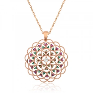 Gümüş Rose Geometrik Desenli Madalyon Kolye