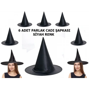 Halloween Siyah Renk Parlak Cadı Şapkası Yetişkin ve Çocuk Uyumlu 6 Adet