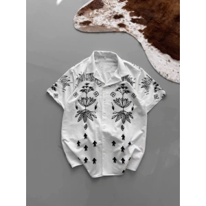 MDB İki İplik Kumaş Baskılı Gömlek  Beyaz