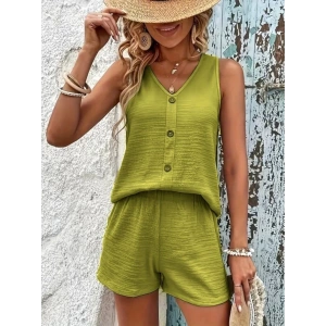 MDB Kadın Askılı Kolsuz V Yakalı önden Düğmeli Bürümcük Bluz Ve Short Ikili Takım