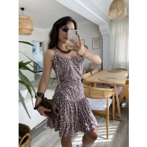 MDB Kadın Askılı V Yaka Beli Pileli Leopar Desen Eteği Fırfırlı Süprem Elbise