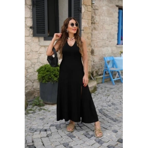 MDB Kadın Askılı V Yakalı Yırtmaçlı Viskon Elbise