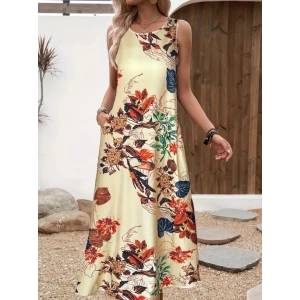 MDB Kadın Askılı Yuvarlak Yaka Cepli Desenli Süprem Elbise