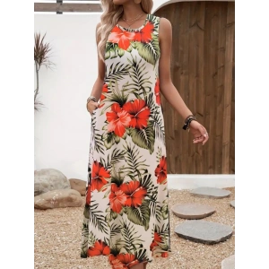 MDB Kadın Askılı Yuvarlak Yaka Cepli Desenli Süprem Elbise