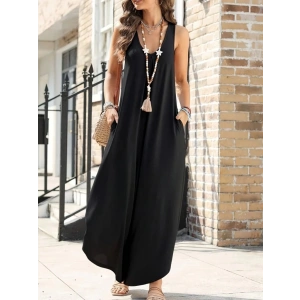 MDB Kadın Askılı Yuvarlak Yaka Cepli Salaş Uzun Viskon Tulum