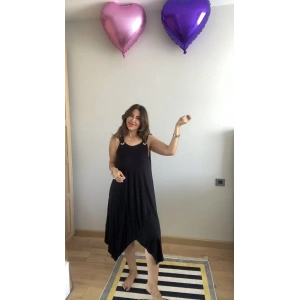 MDB Kadın Askılı Yuvarlak Yaka Kuş Gözü Detaylı Asimetrik Viskon Elbise