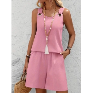 MDB Kadın Askılı Yuvarlak Yaka Kuş Gözü Detaylı Bürümcük Bluz Ve Short Ikili Takım