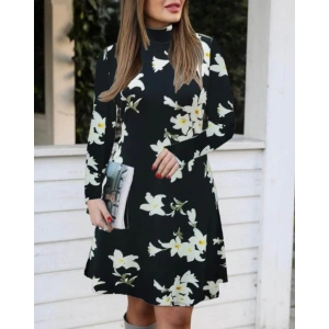 MDB Kadın Balıkçı Yaka Uzun Kollu çiçek Desenli Krep Elbise