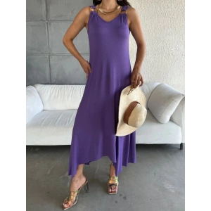 MDB Kadın çan Dokuma Kumaş V Yaka Asimetrik Kesim Elbise