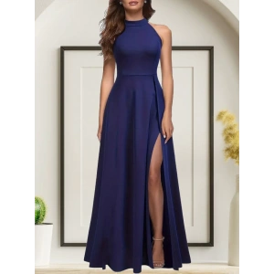 MDB Kadın Halter Yaka Derin Yırtmaç Detaylı Tam Boy Janjan Krep Abiye Elbise