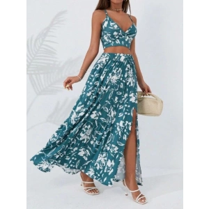 MDB Kadın Ince Askılı çiçek Baskı Desenli Crop Yırtmaçlı Etek Ikili Süprem Takım