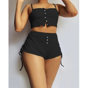 MDB Kadın Ip Askılı Crop Bluz Ve Yanlardan Büzgülü Ikili Kaşkorse Short Takım