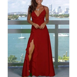 MDB Kadın Ip Askılı Dekolteli Yırtmaç Detay Krep Elbise