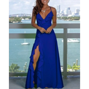 MDB Kadın Ip Askılı Dekolteli Yırtmaç Detay Krep Elbise