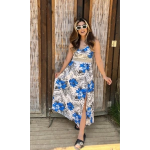 MDB Kadın Ip Askılı V Yakalı Bel Güpür çiçek Desenli Yandan Yırtmaçlı Maksi Süprem Elbise