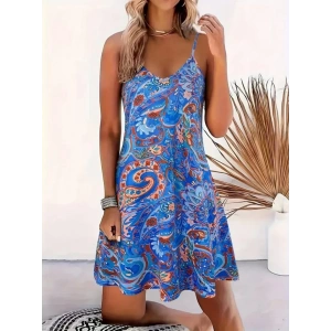 MDB Kadın Ip Askılı V Yakalı Desenli Kısa Süprem Mini Elbise