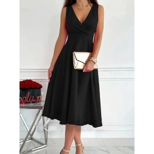 MDB Kadın Ithal Krep Kumaş Kruvaze Yaka Eteği Kloş Kolsuz Mini Elbise