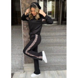 MDB Kadın Kapüşonlu eopar Detay weat Ve Yüksek Bel Yanları eopar şeritli Bol Paça Pantolon Ikili Takım