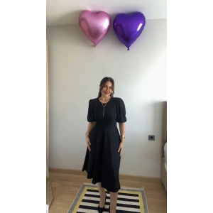 MDB Kadın Kısa Balon Kollu Bisiklet Yaka Kiloş Janjan Krep Elbise