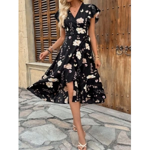 MDB Kadın Kısa Kelebek Kollu Kruvaze Yakalı Belden Kuşaklı Midi Süprem Elbise