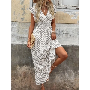 MDB Kadın Kısa Kelebek Kollu Kruvaze Yakalı Desenli Süprem Elbise