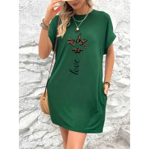 MDB Kadın Kısa Kollu Bisiklet Yaka Cepli Kelebek Baskılı Viskon Elbise