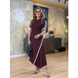 MDB Kadın Kısa Kollu Bisiklet Yaka çift şerit Renk Detaylı Asimetrik Kesim Viskon Iki Iplik Elbise