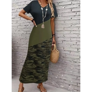 MDB Kadın Kısa Kollu Bisiklet Yaka çok Renkli Maksi Viskon Elbise